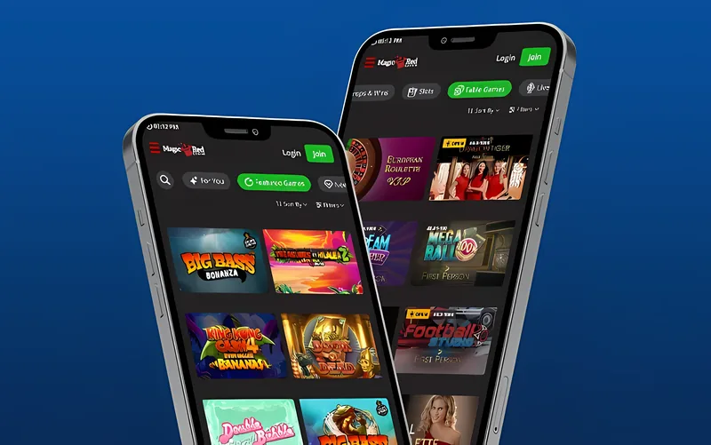 Magic Red Casino app running on two iPhones showing lobby and live section