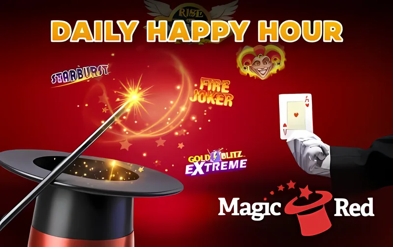 Magic Red Casino Daily Happy Hour promotion artwork with free spins on selected slots